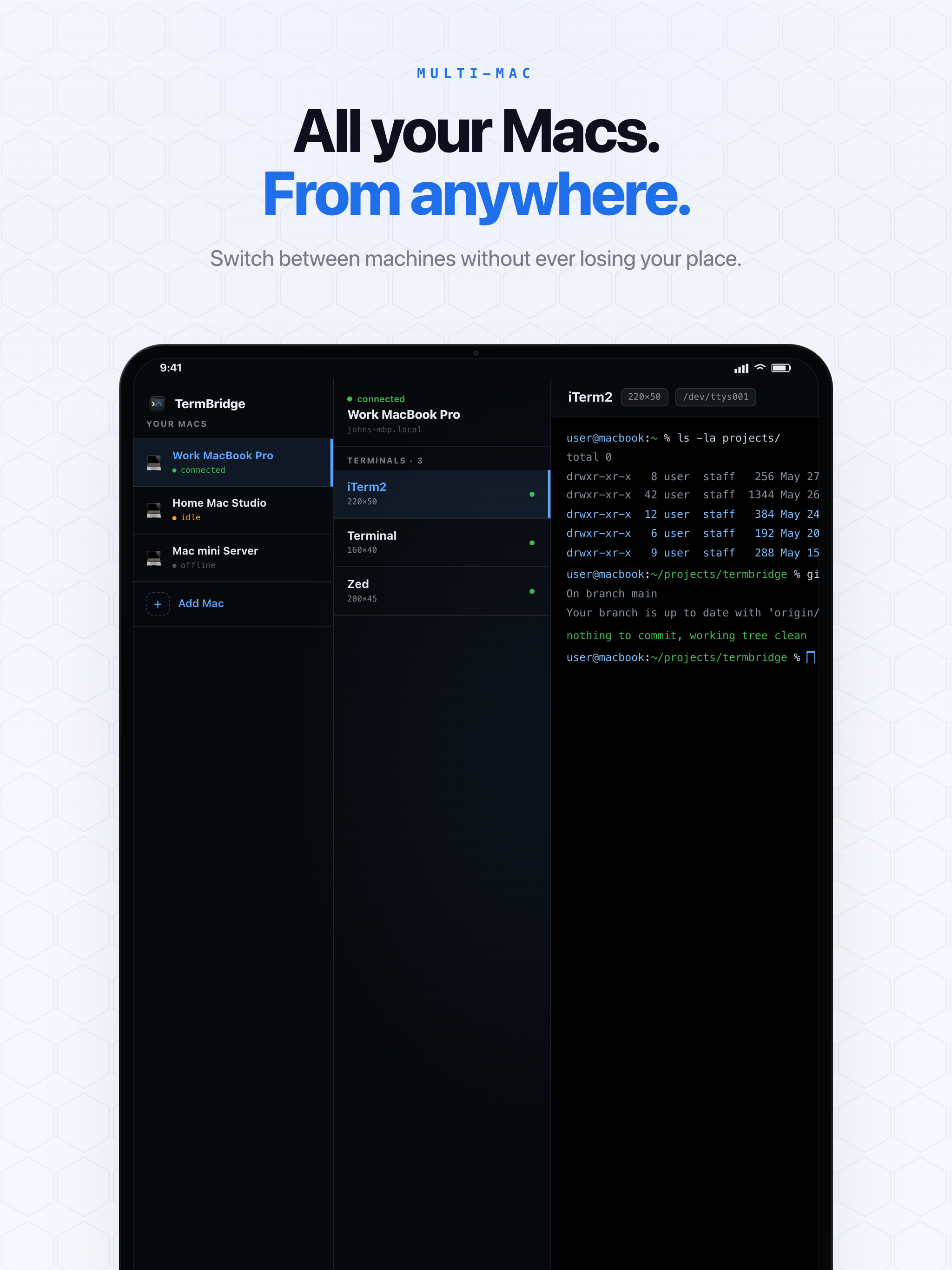 iPad showing two terminal windows open, one with htop and another with code output
