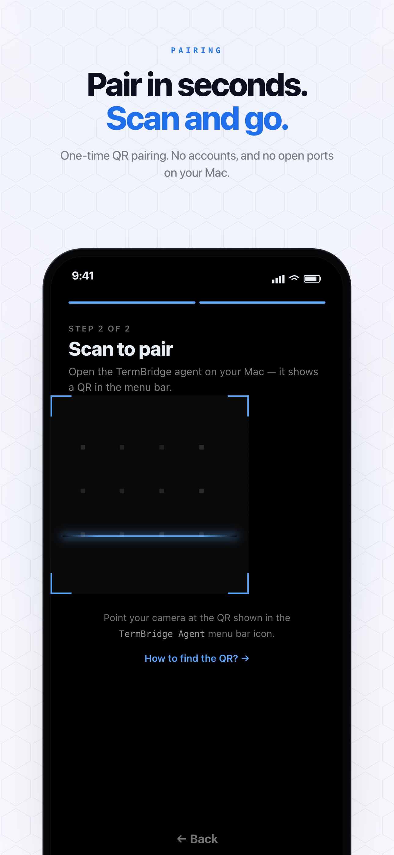 iPhone screen displaying a QR code for pairing a new device to a Mac terminal